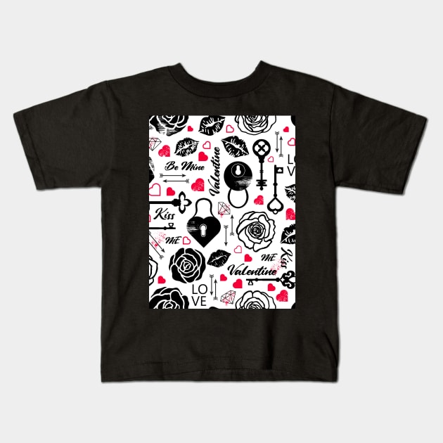 Kitsch Valentine | black, white and red| love pattern Kids T-Shirt by RenattaZare